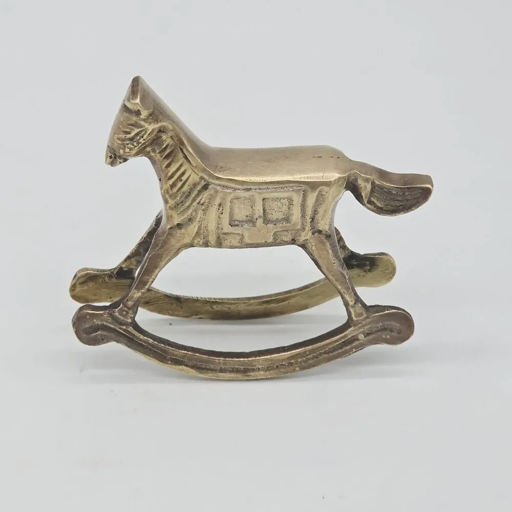 Vintage Solid Brass Rocking Horse 3” Figurine Tail Out Figure Home Decor